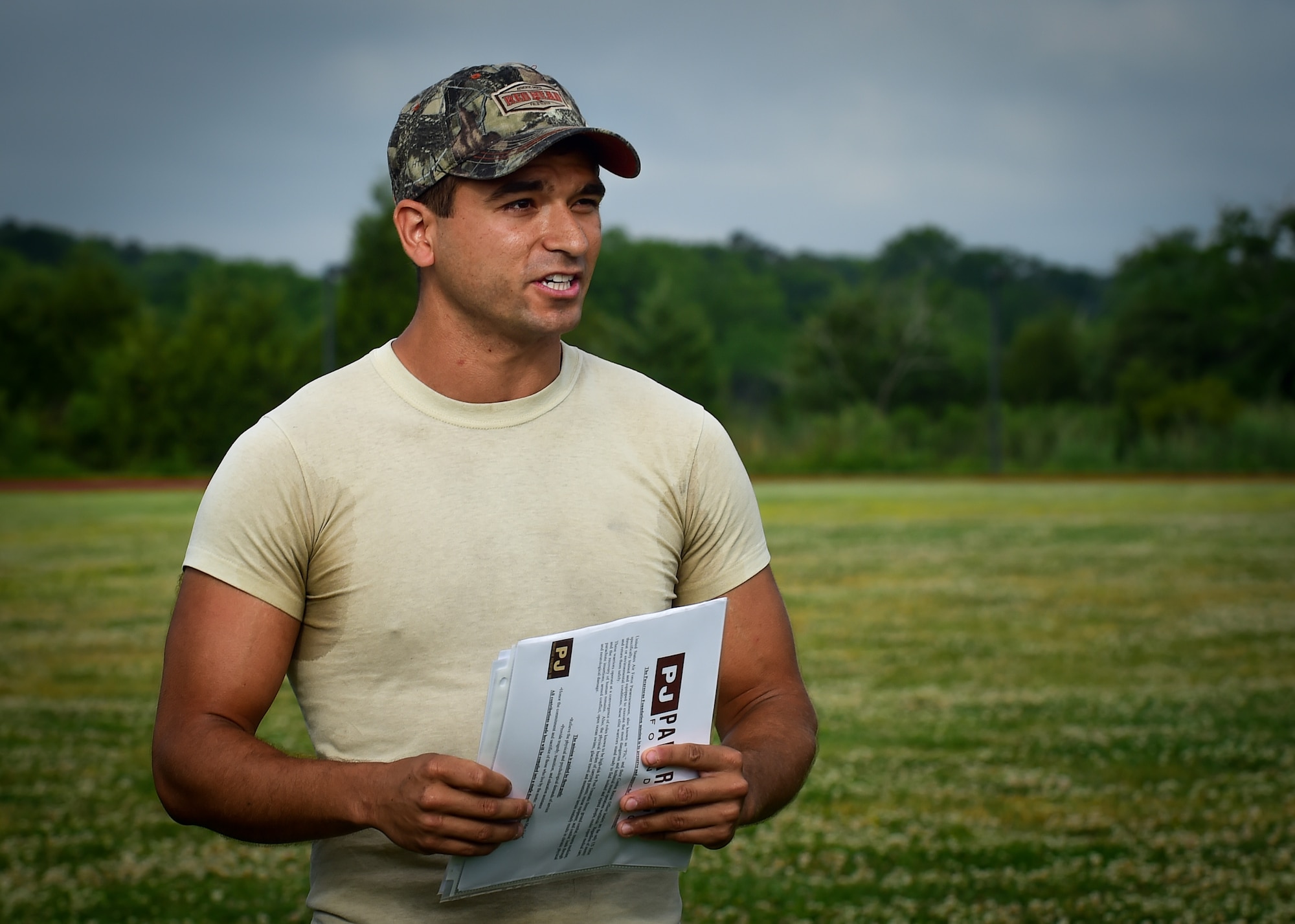 U.S. Air Force Staff Sgt. Michael Svoleantopoulos, assigned to the 497th Operations Support Squadron, provides opening remarks during a Memorial Day Murph and Pararescue Workout event at Joint Base Langley-Eustis, Va., May 29, 2017. Svoleantopoulos was one of the organizers of the event to honor those who have made the ultimate sacrifice. (U.S. Air Force photo/Staff Sgt. Areca T. Bell)