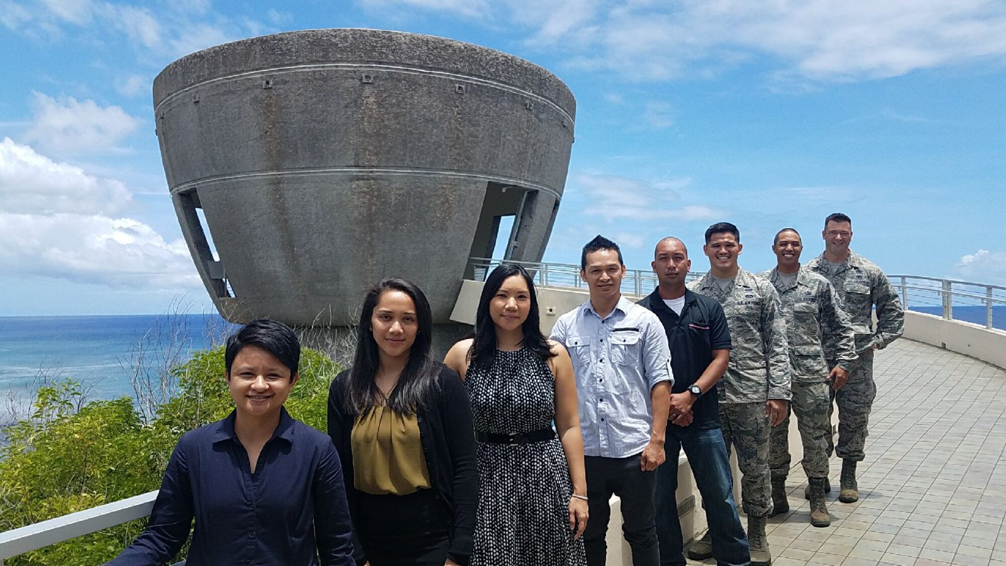 Five recruits joining the Air Force Reserve recited the oath of the enlistment at the world’s largest Latte Stone, the Latte of Freedom monument, Hagatna, Guam, April 29, 2017. From left to right: Senior Airmen Jamie Mantanane, Tara Mantanona, Yvonne Manglona, Chrisaldy Manalese, Staff Sgt. Vincent Olinger, Tech. Sgt. Michael Shinohara, line recruiter, Master Sgt. Vincent Cabrera, 44th Aerial Port Squadron superintendent, Maj. Cliff Harris, 624th Regional Support Group deputy commander. The Latte of Freedom is a giant latte stone standing at 80 feet tall with walls 14 feet thick overlooking the Pacific Ocean. The Latte Stones were used by the ancient Chamorros for the foundation of their homes. The 624th RSG is the largest Air Force Reserve presence in the Pacific and has four units located on Hickam Field, Joint Base Pearl Harbor-Hickam, Hawaii, and two units on Andersen Air Force Base, Guam. (Courtesy photo)