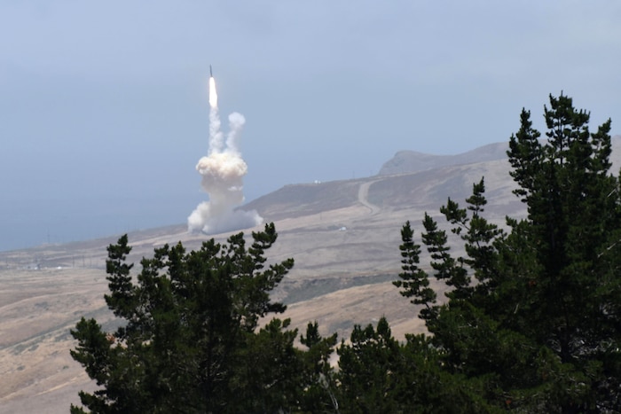 A long-range ground-based interceptor launches from Vandenberg Air Force Base, Calif., May 30, 2017, to intercept an intercontinental ballistic missile target that was launched from the U.S. Army’s Reagan Test Site on Kwajalein Atoll in the Marshall Islands. This was the first live-fire test event against an ICBM-class target. DoD photo by Senior Airman Robert J. Volio