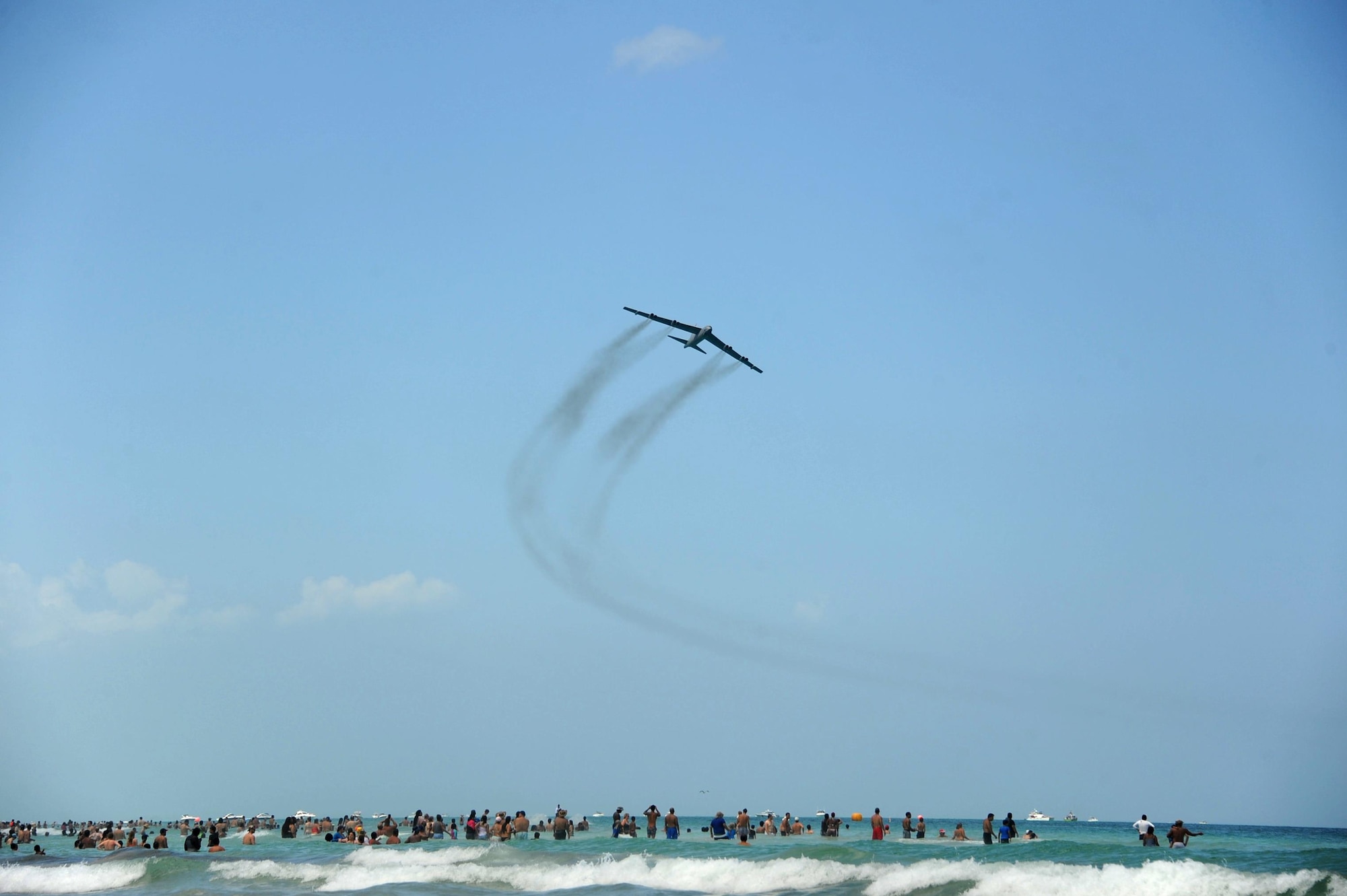 A B-52H Stratofortress soars over Miami Beach, Fla., during the Salute to America’s Heroes Air and Sea Show in Miami Beach, Fla., May 27, 2017. Bomber aircraft from Minot Air Force Base, Ellsworth AFB, Dyess AFB, and Whiteman AFB, performed flyover demonstrations to allow the public to witness the capabilities of all three bomber platforms over the course of one airshow, and to generate awareness of each aircraft’s mission. (U.S. Air Force photo by Senior Airman Erin Trower)