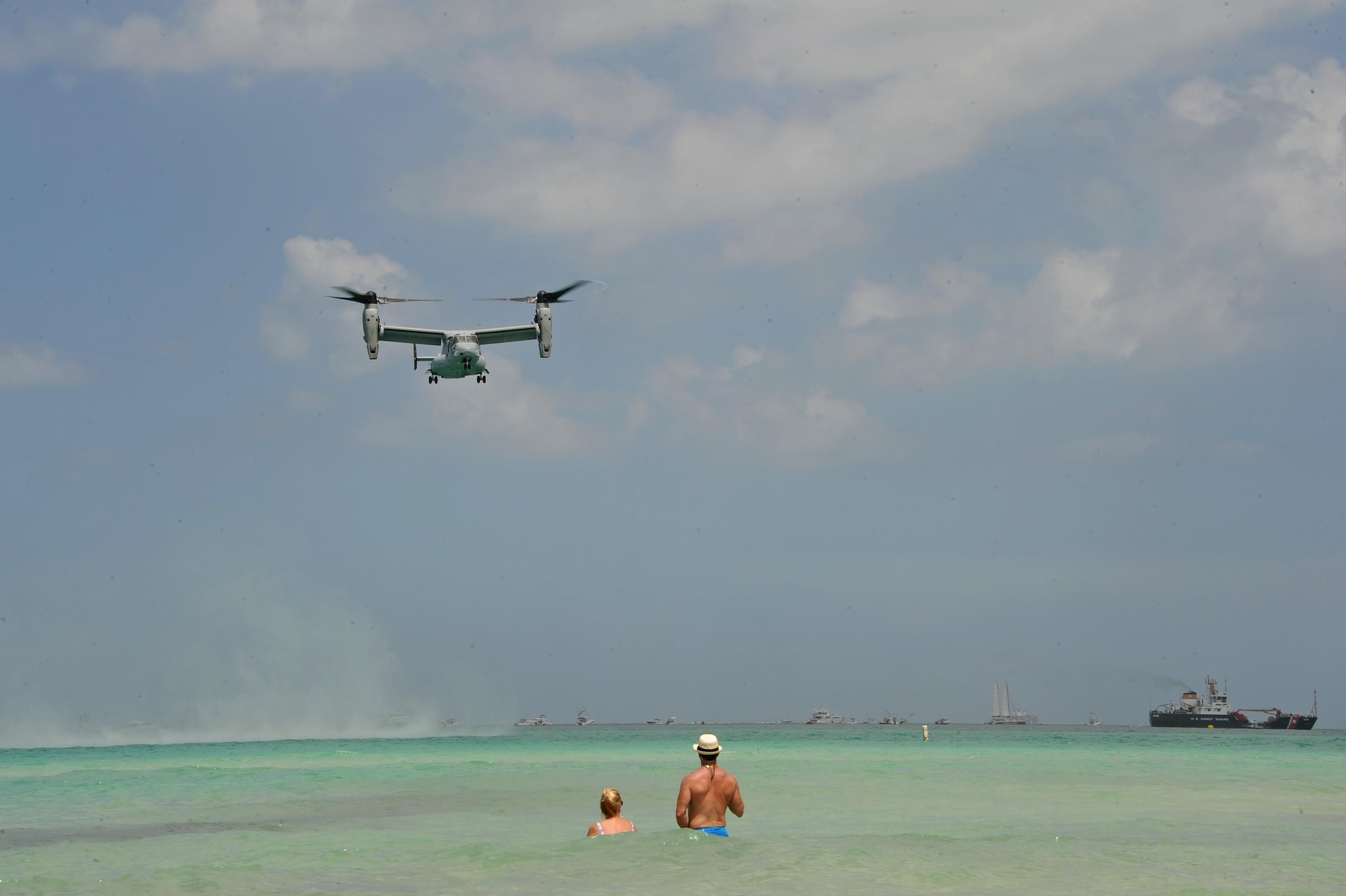 A U.S. Marine MV-22 Osprey hovers over Miami Beach, Fla., during the Salute to America’s Heroes Air and Sea Show in Miami Beach, Fla., May 27, 2017. The airshow featured various aircraft representing each branch of the U.S. Armed Forces, including ground personnel to educate the public and airshow attendees about their respective branch’s mission. (U.S. Air Force photo by Senior Airman Erin Trower)