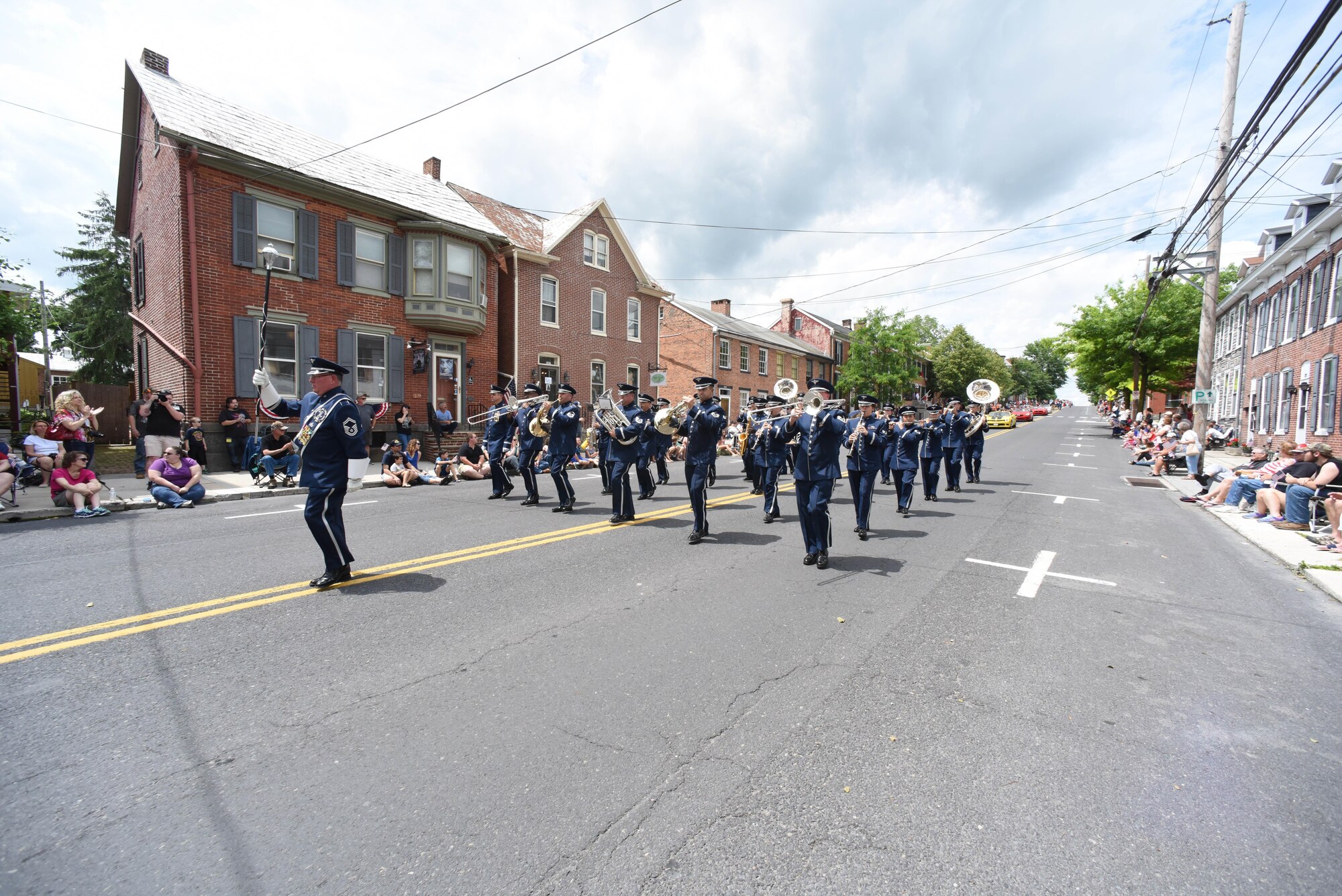The ceremonial band component of The Air National Guard Band of the Northeast marches down Baltimore Street during the 150th Annual Memorial Day Parade, Gettysburg, Pennsylvania, May 29, 2017. A Memorial Day Ceremony at the Rostrum in the Soldiers’ National Cemetery followed the parade. (U.S. Air National Guard photo by Tech. Sgt. Claire Behney/Released)