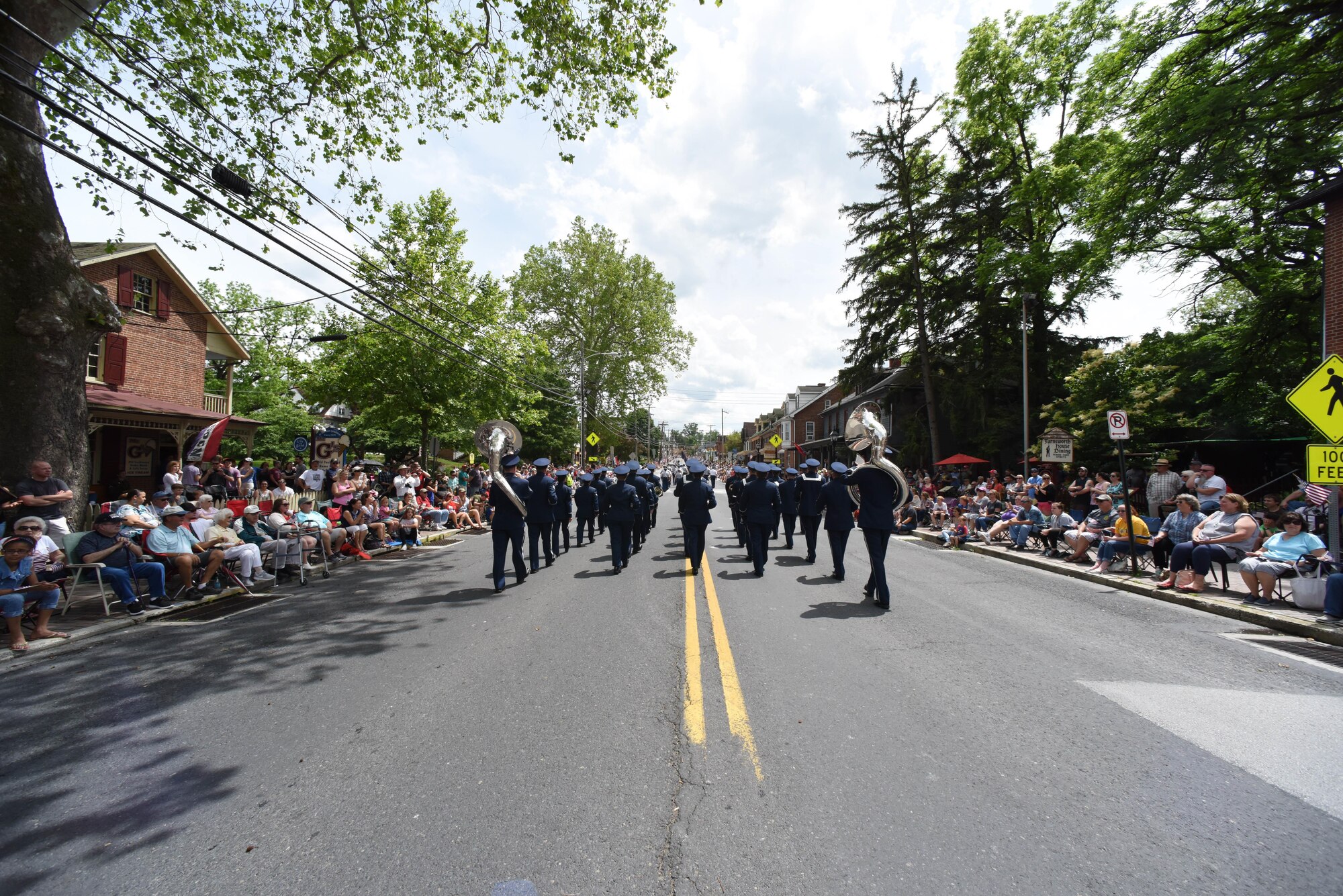 The ceremonial band component of The Air National Guard Band of the Northeast marches down Baltimore Street during the 150th Annual Memorial Day Parade, Gettysburg, Pennsylvania, May 29, 2017. A Memorial Day Ceremony at the Rostrum in the Soldiers’ National Cemetery followed the parade. (U.S. Air National Guard photo by Tech. Sgt. Claire Behney/Released)
