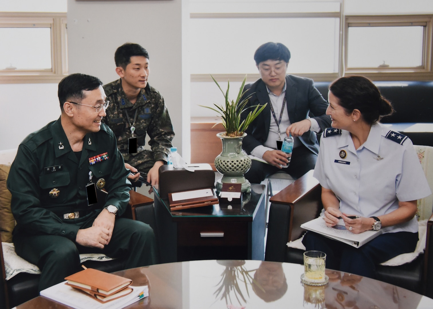 U.S. Air Force Maj. Gen. Nina Armagno, director of plans and policy (J5) for U.S. Strategic Command (USSTRATCOM), speaks with Republic of Korea (ROK) Army Brig. Gen. Lee Jung-woong (front left), acting J5 for the ROK Joint Chiefs of Staff (JCS), during her visit to the ROK JCS headquarters in Seoul, Oct. 17, 2017. Armagno and members of her staff visited Seoul for senior leader discussions on USSTRATCOM’s continuing partnership with the Republic of Korea. One of nine Department of Defense unified combatant commands, USSTRATCOM has global responsibilities assigned through the Unified Command Plan that include strategic deterrence, space operations, cyberspace operations, joint electronic warfare, global strike, missile defense and intelligence.