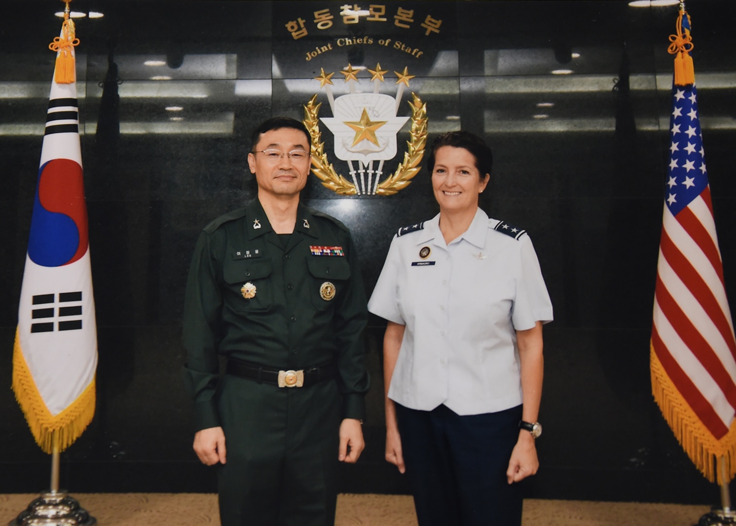U.S. Air Force Maj. Gen. Nina Armagno, director of plans and policy (J5) for U.S. Strategic Command (USSTRATCOM), meets with Republic of Korea (ROK) Army Brig. Gen. Lee Jung-woong, acting J5 for the ROK Joint Chiefs of Staff (JCS), during her visit to the ROK JCS headquarters in Seoul, Oct. 17, 2017. Armagno and members of her staff visited Seoul for senior leader discussions on USSTRATCOM’s continuing partnership with the Republic of Korea. One of nine Department of Defense unified combatant commands, USSTRATCOM has global responsibilities assigned through the Unified Command Plan that include strategic deterrence, space operations, cyberspace operations, joint electronic warfare, global strike, missile defense and intelligence.