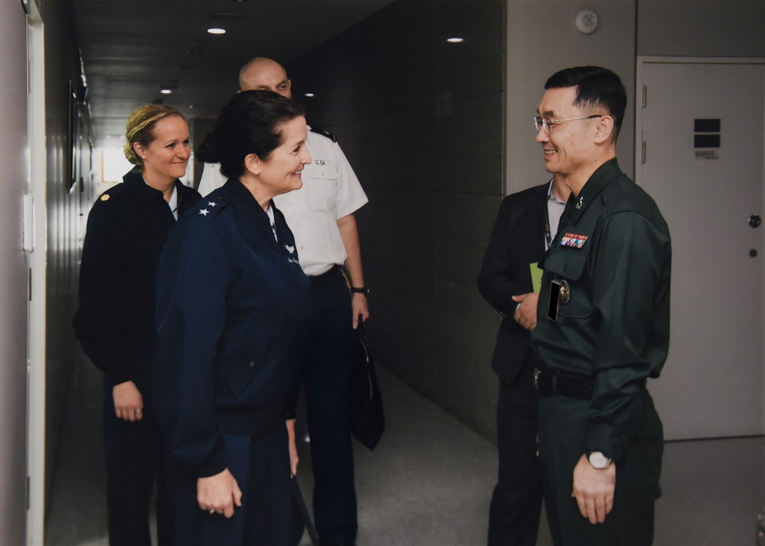 U.S. Air Force Maj. Gen. Nina Armagno (front left), director of plans and policy (J5) for U.S. Strategic Command (USSTRATCOM), speaks with Republic of Korea (ROK) Army Brig. Gen. Lee Jung-woong (right), acting J5 for the ROK Joint Chiefs of Staff (JCS), during her visit to the ROK JCS headquarters in Seoul, Oct. 17, 2017. Armagno and members of her staff visited Seoul for senior leader discussions on USSTRATCOM’s continuing partnership with the Republic of Korea. One of nine Department of Defense unified combatant commands, USSTRATCOM has global responsibilities assigned through the Unified Command Plan that include strategic deterrence, space operations, cyberspace operations, joint electronic warfare, global strike, missile defense and intelligence.