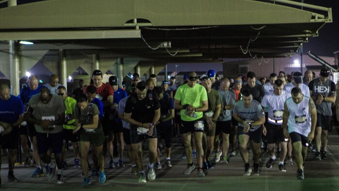 Runners of the 42nd Marine Corps Marathon Forward start the 26.2-mile race while in the Middle East Oct. 22, 2017. Service members deployed with Special Purpose Marine Air-Ground Task Force – Crisis Response – Central Command ran Marine Corps Marathon forward, with U.S. Marine Capt. Danielle Pozun taking 2nd place overall and 1st place for the Women’s Division. The Marine Corps Marathon is one of the largest marathons in the world and hosts the event in forward locations to allow service members outside the United States an opportunity to compete.