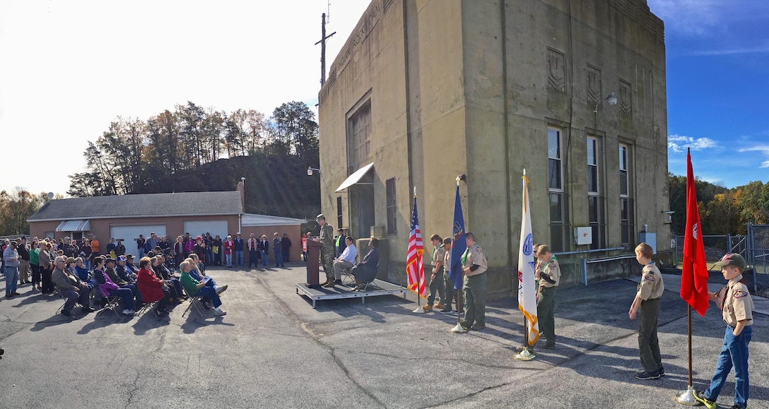 U.S. Army Corps of Engineers, Baltimore District, Commander Col. Ed Chamberlayne discusses the flood risk management benefits that Indian Rock Dam in Pennsylvania has provided to York and other downstream communities over the years at a ceremony in front of the dam’s gatehouse commemorating its 75th anniversary Saturday October 28, 2017. It’s estimated that the dam has prevented more than $55 million in damages to downstream communities since being completed in 1942, though the number is likely higher since that primarily takes into account the most extreme high water events.