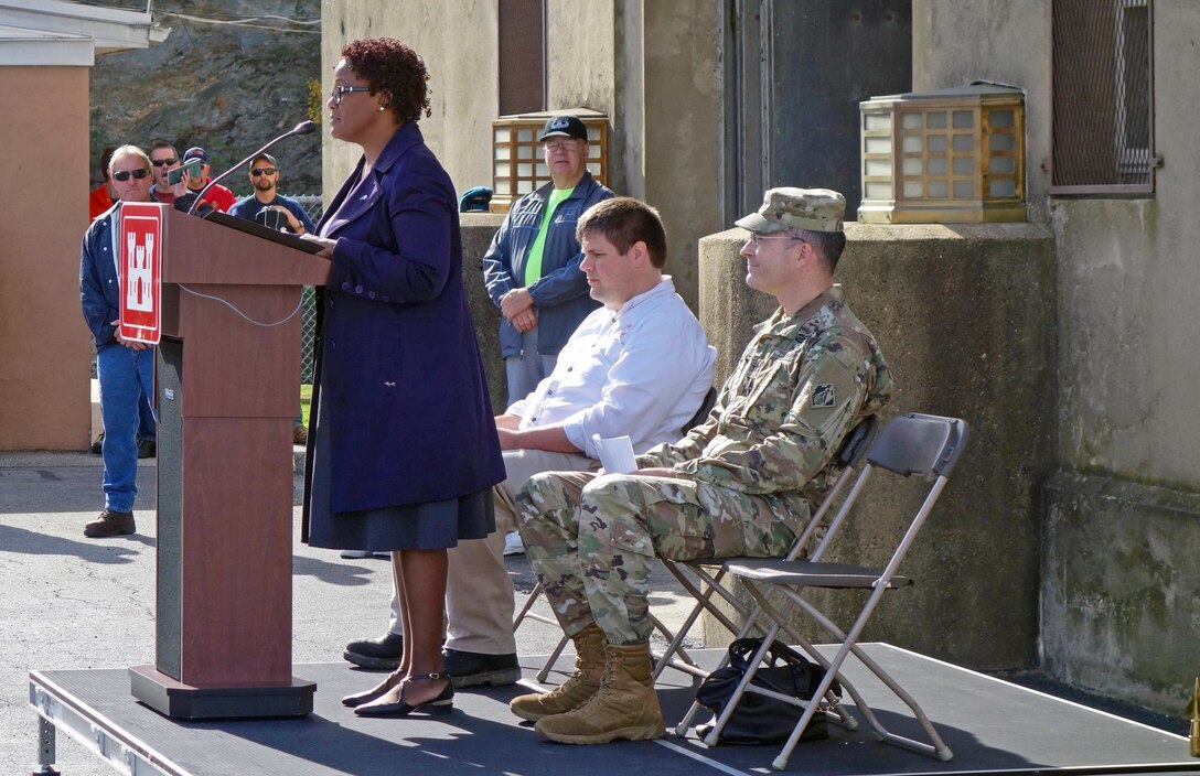 York Mayor Kim Bracey discusses the benefits that Indian Rock Dam in Pennsylvania has provided to her community of York, Pennsylvania over the years since its completion in 1942 at a ceremony in front of the dam’s gatehouse commemorating its 75th anniversary Saturday October 28, 2017. It’s estimated that the dam has prevented more than $55 million in damages to downstream communities since being completed in 1942, though the number is likely higher since that primarily takes into account the most extreme high water events.