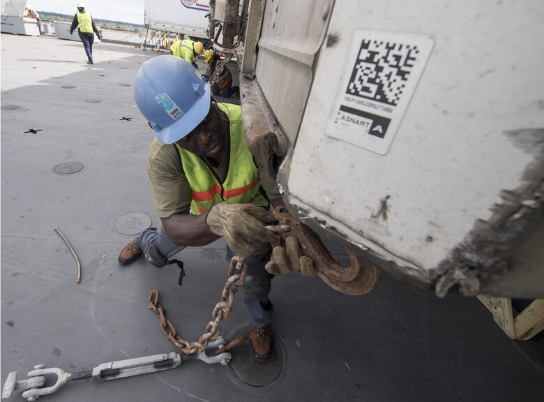 A longshoreman secures a 54-foot trailer to the USNS Brittin (T-AKR-305)  Oct. 28, 2017, at Joint Base Charleston-Weapons Station, S.C.