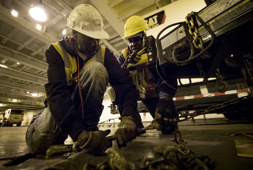 Longshoremen load the USNS Brittin (T-AKR-305) with 855 pieces of equipment Oct. 29, 2017, at Joint Base Charleston-Weapons Station, S.C.