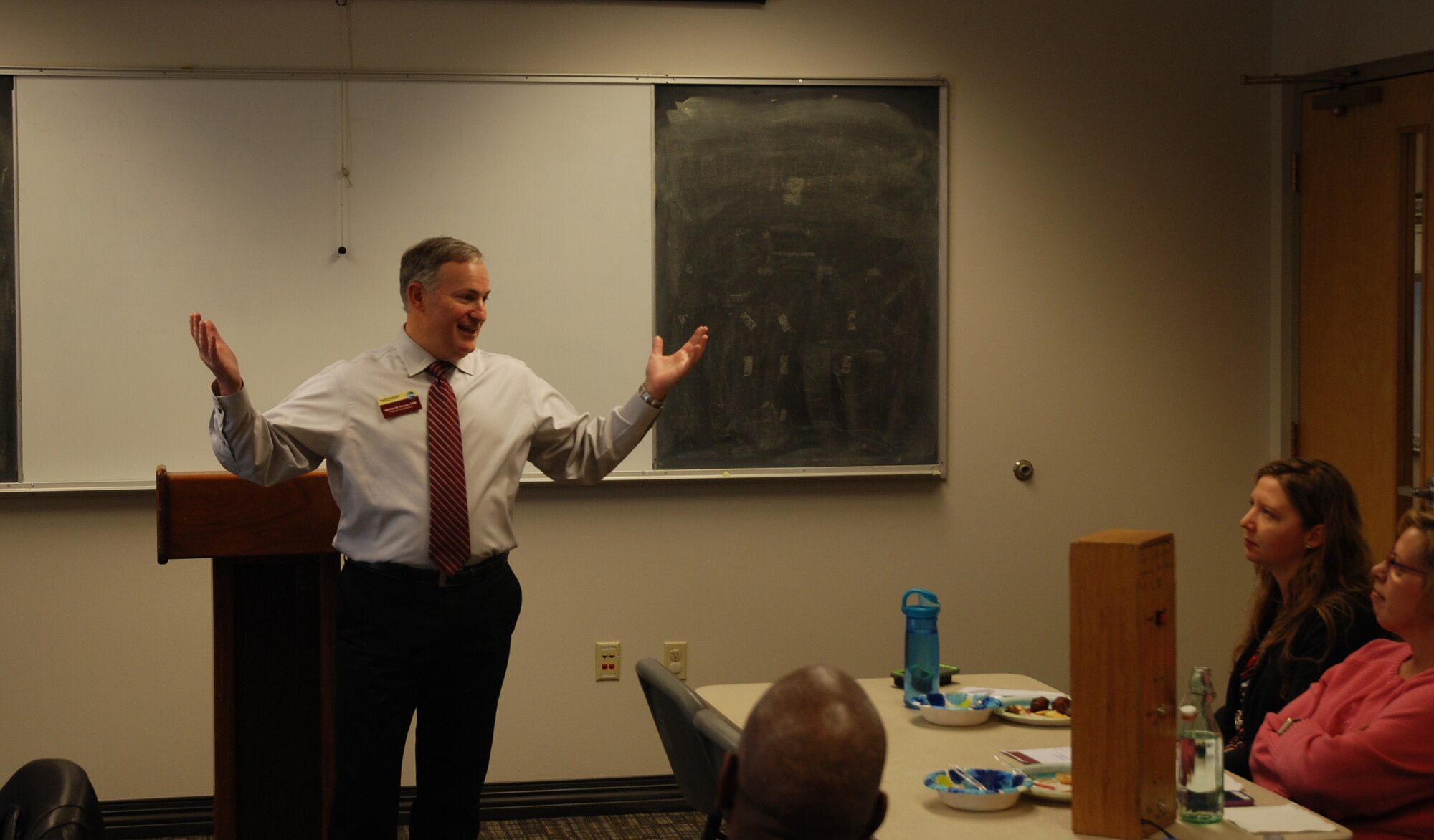 Mike Pierson, Air Force Space Command community outreach chief, talks to the Peterson Toastmasters club about his journey to Distinguished Toastmaster recognition Oct. 24, 2017 at Peterson Air Force Base, Colorado. DTM the highest educational award in the organization. (U.S. Air Force photo by Dave Smith)