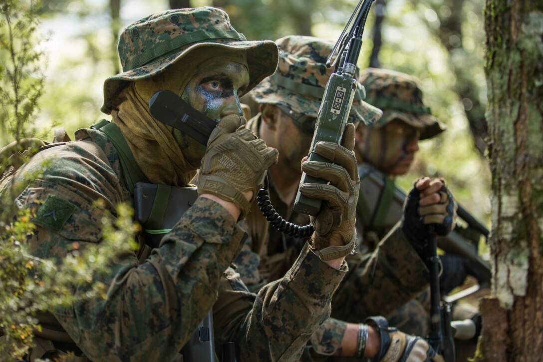 U.S. Marine Corps Lance Cpl. Bobby Norton, left, a rifleman with 1st Light Armored Reconnaissance Battalion, 1st Marine Division, conducts a radio check while on a reconnaissance patrol during Exercise Southern Katipo 17 (SK17) at St. Arnaud, New Zealand, Oct. 27, 2017.