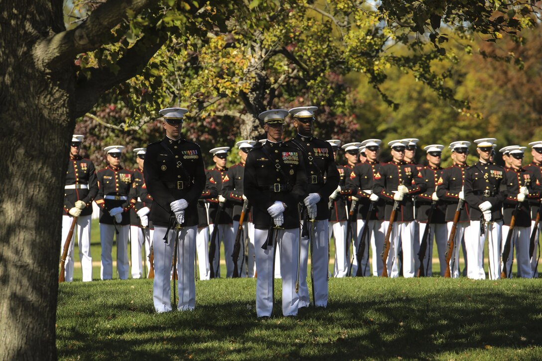A Marine Barracks Washington D.C. funeral support element stands at a ceremonial position during a full honors funeral for Maj. Gen. Terrence R. Murray at Arlington National Cemetery, Arlington, Va., Oct. 31, 2017. Marine Barracks Washington is home to the Marines who provide support for all Marine Corps funerals and many high-ranking government officials’ funerals within the National Capitol Region. (Official U.S. Marine Corps photo by Cpl. Damon Mclean/Released)