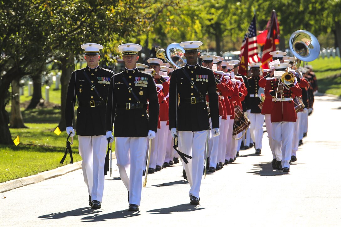 Marines with Marine Barracks Washington D.C., march at the front of a procession during a full honors funeral for Maj. Gen. Terrence R. Murray at Arlington National Cemetery, Arlington, Va., Oct. 31, 2017. Marine Barracks Washington is home to the Marines who provide support for all Marine Corps funerals and many high-ranking government officials’ funerals within the National Capitol Region. (Official U.S. Marine Corps photo by Cpl. Damon Mclean/Released)