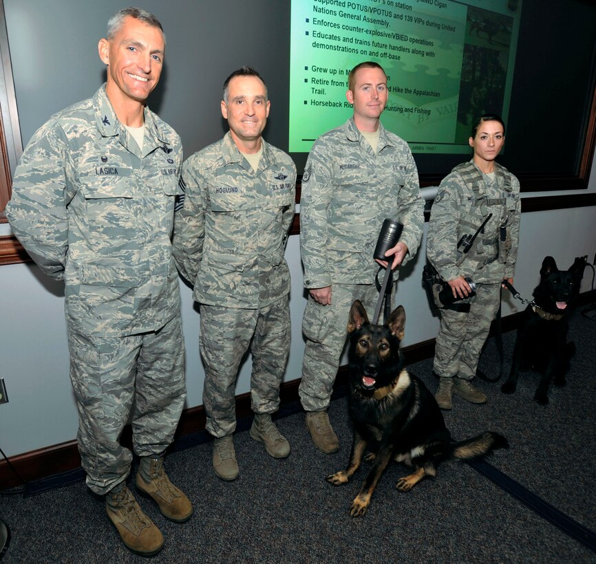 The two MWD teams were recognized for educating and training future handlers along with demonstrating their abilities on and off-base.