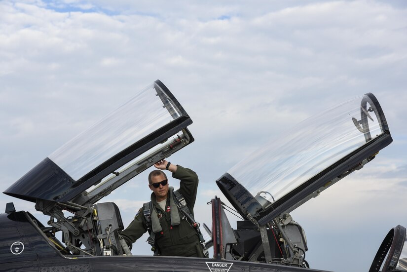 U.S. Air Force 1st Lt. Champ, 71st Fighter Training Squadron T-38 Talon pilot, performs preflight checks at Joint Base Langley-Eustis, Va., Sept. 14, 2017.