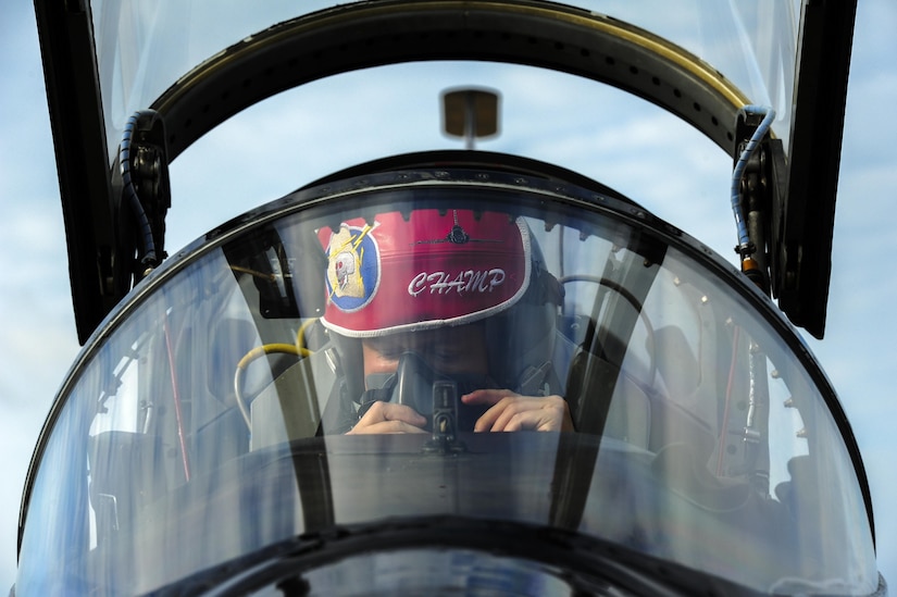 U.S. Air Force 1st Lt. Champ, 71st Fighter Training Squadron T-38 Talon pilot, completes his preflight checklist before take-off at Joint Base Langley-Eustis, Va., Sept. 14, 2017.