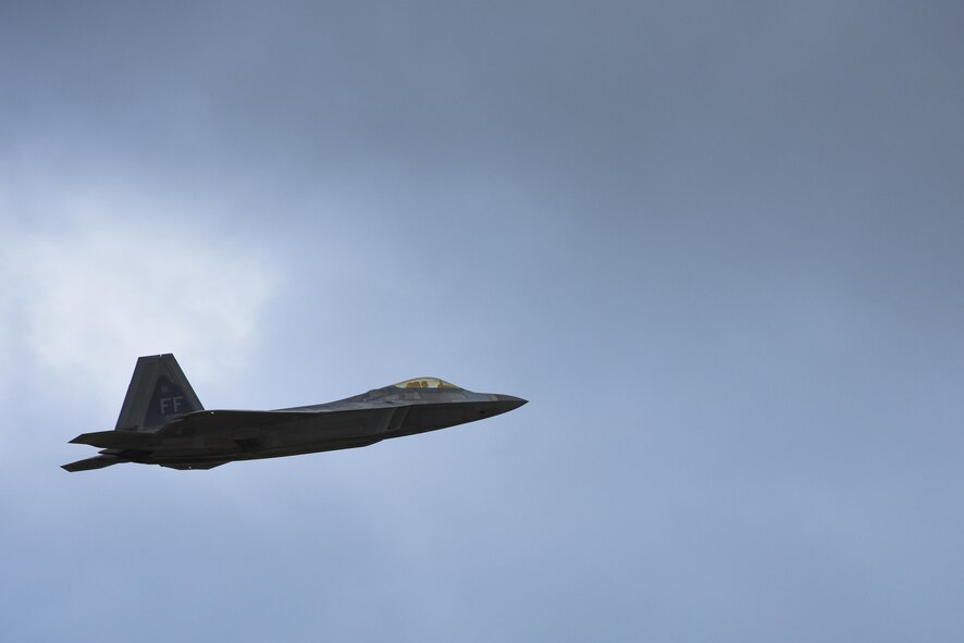 A U.S. Air Force F-22 Raptor takes-off during a training mission at Joint Base Langley-Eustis, Va., Sept. 18, 2017.