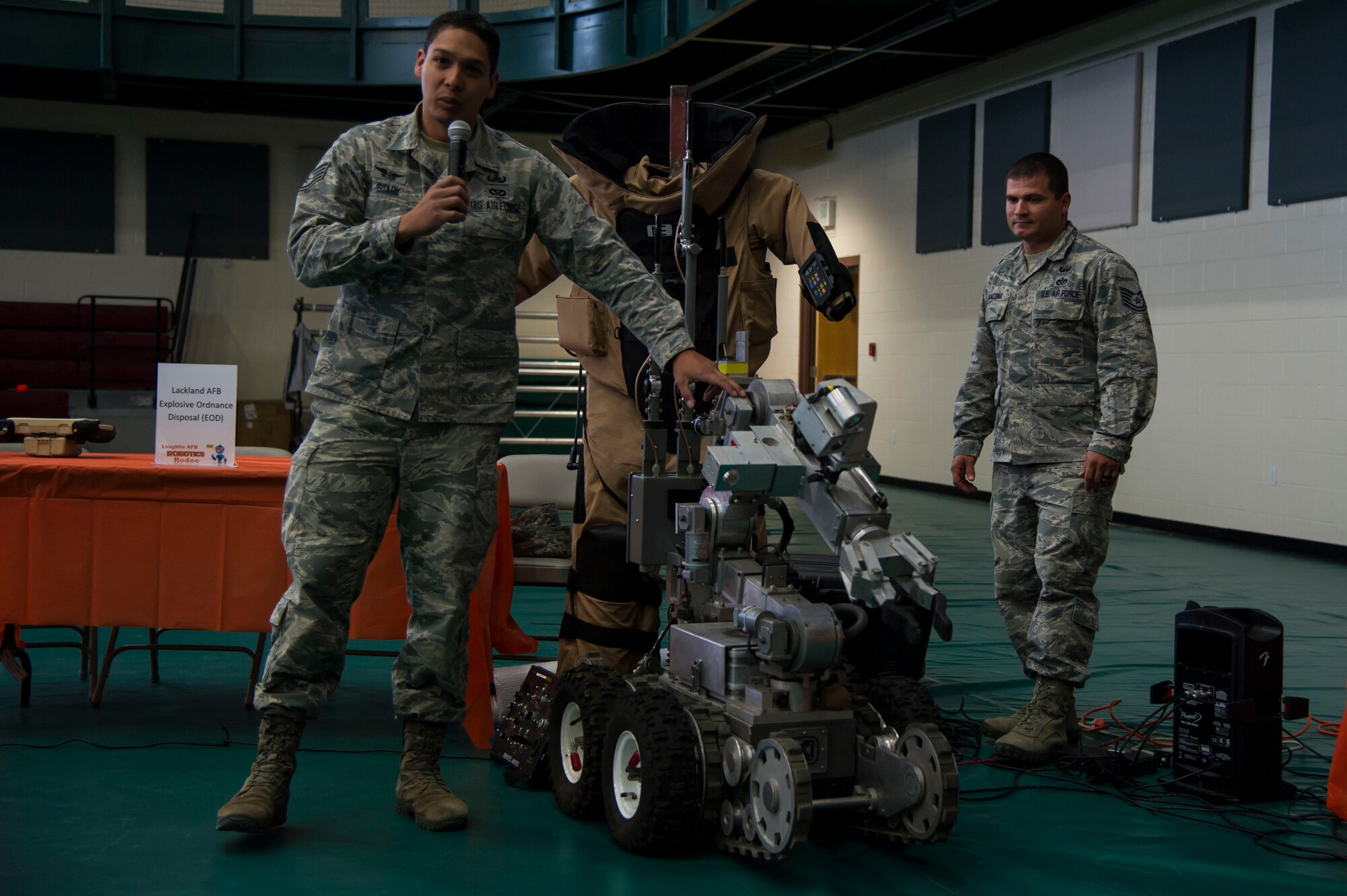 Demonstrators at Laughlin first robot rodeo shows off their creation during cyber awareness week at Laughlin Air Force Base, Texas, Oct. 28, 2017. The robots featured at the rodeo varied from prebuilt creations to explosive ordinance disposal robots from Lackland AFB, Texas.