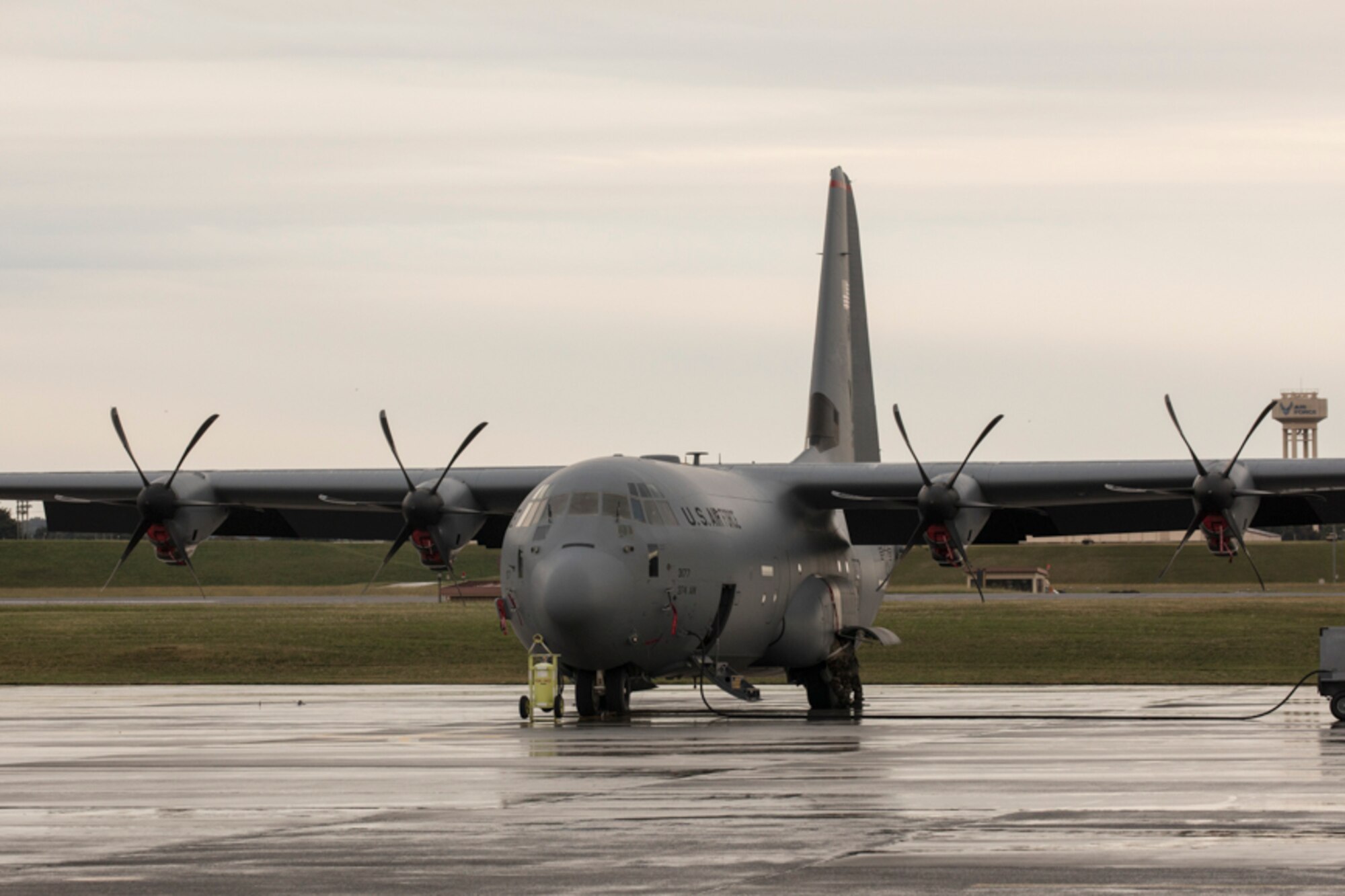 An Air Force C-130J Super Hercules is parked on the flight line at Yokota Air Base, Japan, Oct. 25, 2017. This is the sixth C-130J delivered to Yokota and the first from Dyess Air Force Base, Texas, as part of fleet-wide redistribution of assets set in motion by Air Mobility Command.