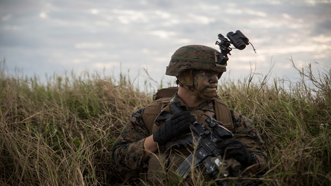 A U.S. Marine conceals his location by crouching in tall grass Oct. 31, 2017, on Ie Shima air field, Okinawa, Japan, during air assault training as part of Blue Chromite 18.