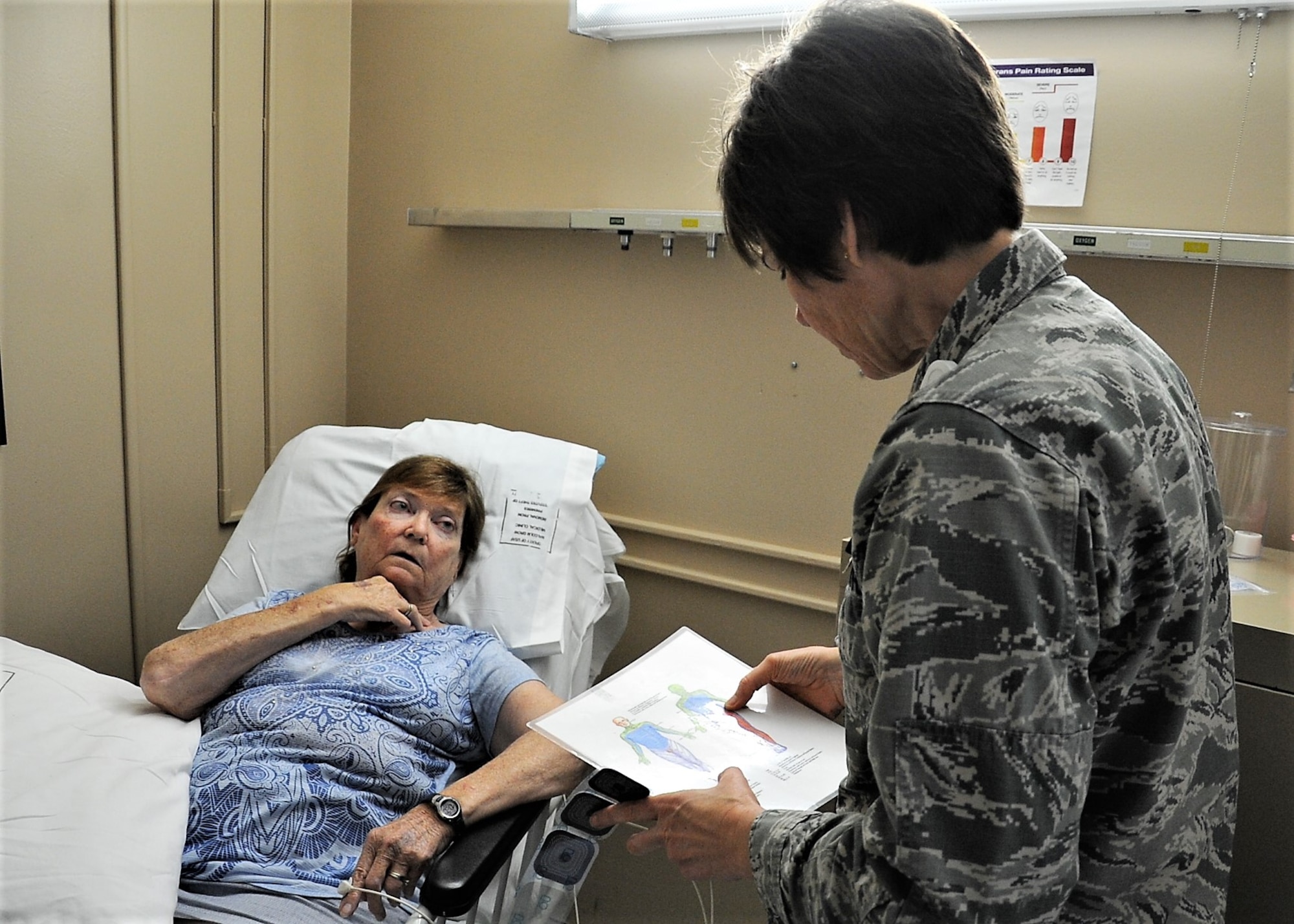 Lt. Col Candy Wilson, right, 779th Medical Group nurse practitioner, consults a human anatomy chart to determine where to place a Calmare electrode for treating Carol Celeste Gray, a patient at Joint Base Andrews, Md., May 30, 2017. Gray suffers from chronic regional pain syndrome on the left side of her body that developed after being treated for a broken elbow.
 (U.S. Air Force photo by Staff Sgt. Joe Yanik)