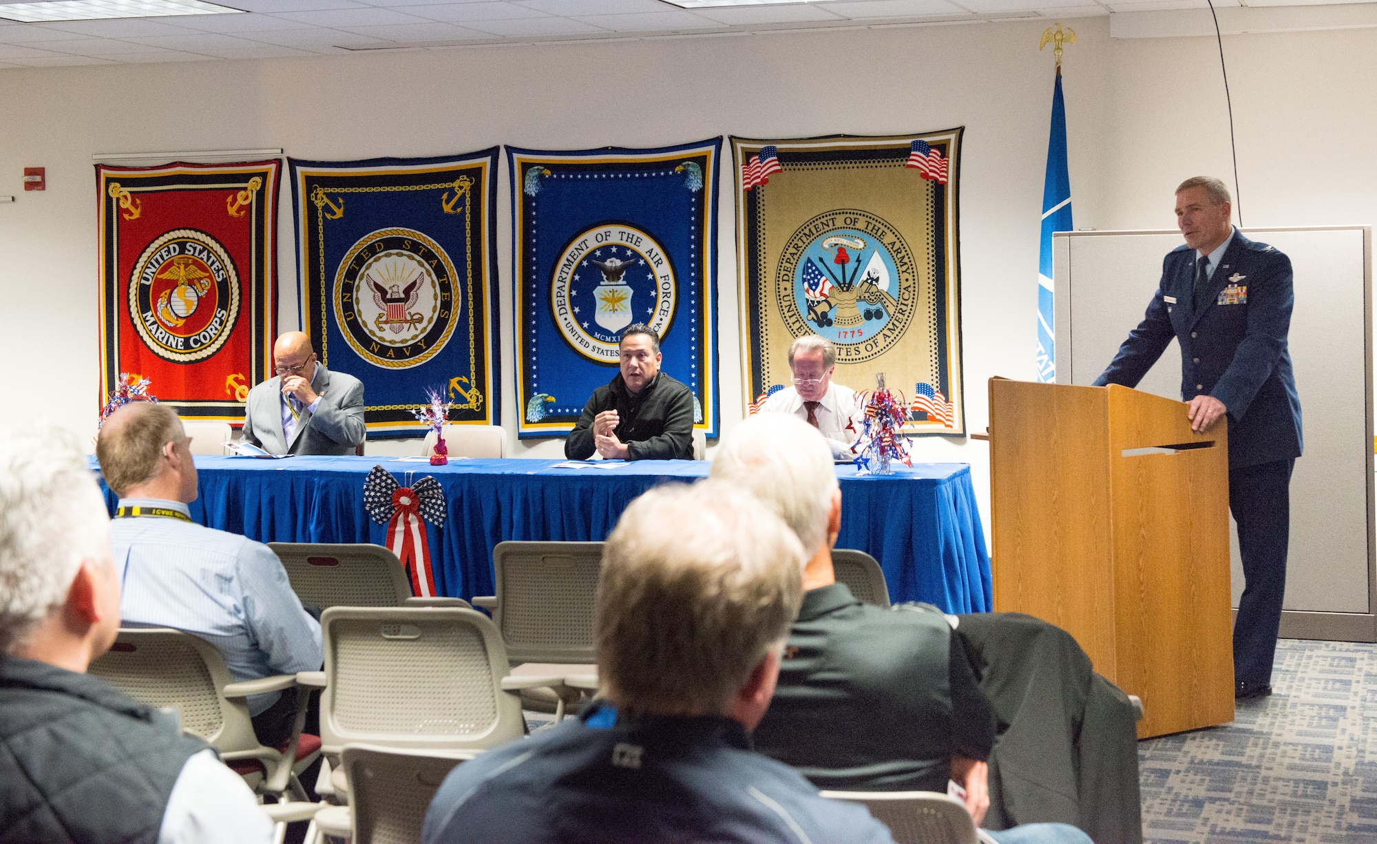 Col. Timothy Wollmuth, 934th Airlift Wing Vice Wing Commander at Minneapolis-St. Paul Air Reserve Station, Minn. addresses the gathering for the Minneapolis Postal Service Veteran's Recognition Day ceremonies on Nov. 1, 2017.   (U.S. Air Force photo by Master Sgt. Eric Amidon/ Released)