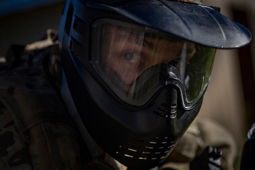 Maj. Elliott Milliken, 41st Rescue Squadron assistant director of operations, stands guard during training, Oct. 25, 2017, at Moody Air Force Base, Ga. The new, three-day combined training is designed to merge many smaller courses and seamlessly tie together skills that could be used in the event that Airmen become isolated during a mission. (U.S. Air Force photo by Senior Airman Daniel Snider)