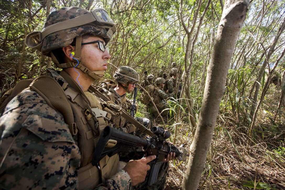 Marine Corps Pfc. Jordan Jamil provides security while team members move a simulated Marine downed pilot during Exercise Bougainville II at Landing Zone Boondocker, Marine Corps Base Hawaii.