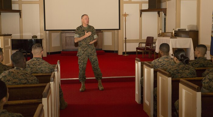 Lt. Gen. Mark A. Brilakis, Commander, U.S. Marine Corps Forces Command, speaks to Marines about retention and mutual respect for fellow Marines at POW/MIA Chapel, Naval Station Annex, Norfolk, Va. Oct. 31. 
Brilakis explained the importance of maintaining a strong fighting force while maintaining a welcoming environment for Marines from all backgrounds and beliefs. (Official Marine Corps photo by Chris Jones/Released)