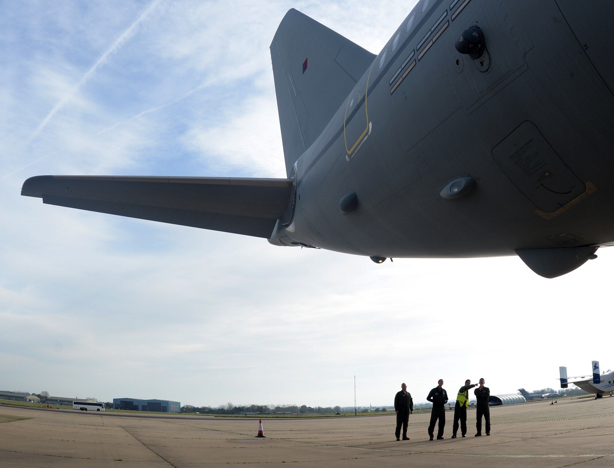 U.S Air Force KC-135 Stratotanker aircrew tour a Royal Air Force A330 Voyager Nov. 1, 2017, on RAF Brize Norton, England. The 100th Air Refueling Wing provided aircrew and maintainers in support of Exercise Tartan Flag, Oct. 30 to Nov. 3. (U.S. Air Force photo by Senior Airman Justine Rho)