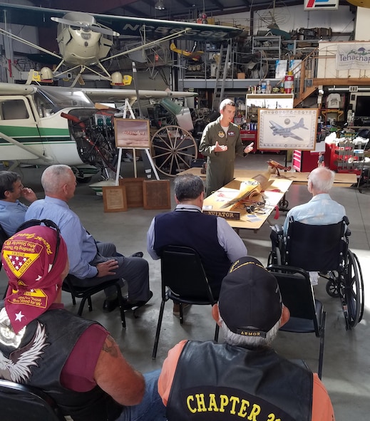 Lt. Col. Miles Middleton, 419th Flight Test Squadron commander, thanks Capt. Bob Wood for his service. Wood is a decorated WWII B-17 bomber pilot who flew 35 Combat missions over Europe. Middleton is a B-52 pilot.
