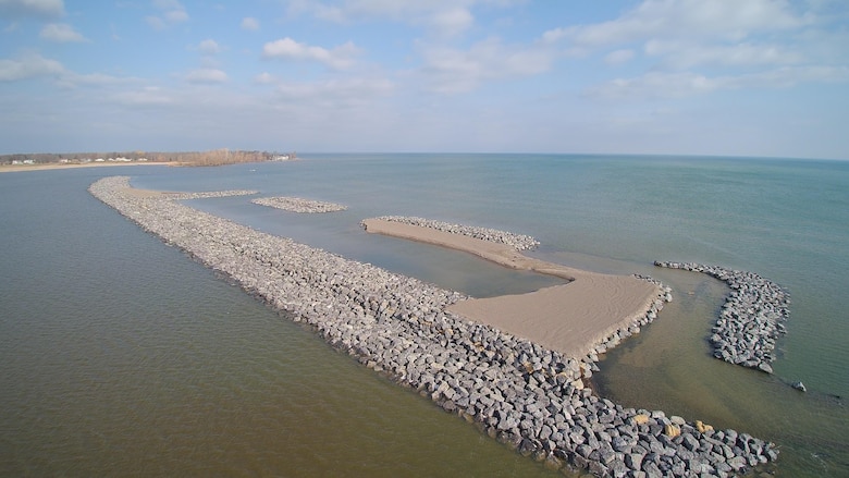 Aerial view of the Braddock Bay Ecosystem Restoration, Barrier Beach, Greece, NY constructed under the U.S. Army Corps of Engineers, Interagency and International Services program (photo by Brian Steils, USACE Contract Representative).