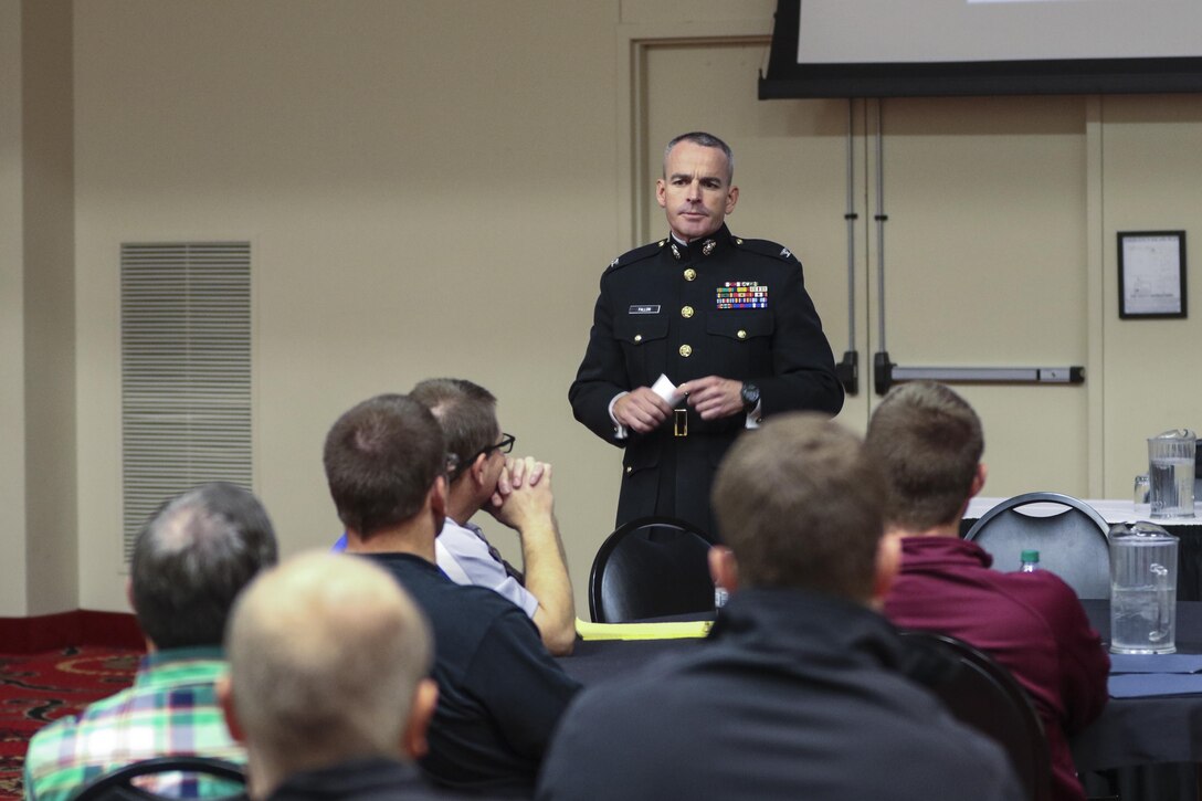 Colonel David Fallon, commanding officer, 9th Marine Corps District, Marine Corps Recruiting Command, attended the 33rd Annual Convention of the Iowa Wrestling Coaches and Officials Association as a guest speaker in Des Moines, Iowa, Oct. 29, 2017. (Official Marine Corps photo by Sgt. Levi Schultz)