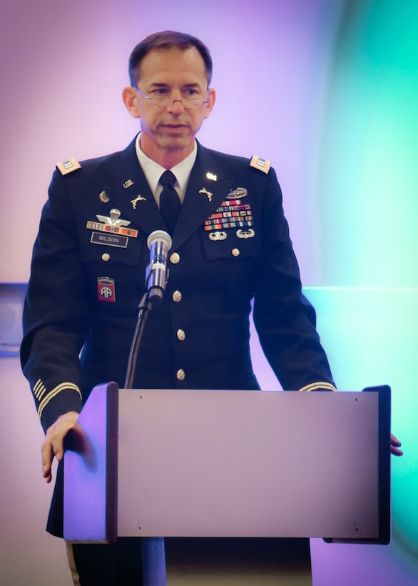 U.S. Army Capt. Patrick Wilson delivers remarks at a dinner hosted by the Republic of Korea Ministry of Patriots and Veterans Affairs (South Korea) on August 10, 2017 in Arlington, Va.