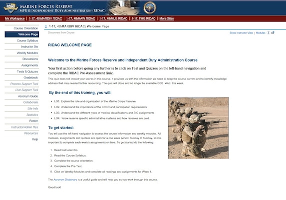 A screenshot of the Reserve and Independent Duty Administration Course on the Naval Post Graduate website.