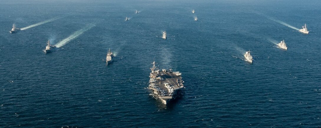 IMAGE: WATERS SURROUNDING THE KOREAN PENINSULA - Ships assigned to the John C. Stennis Carrier Strike Group and ships assigned to the Republic of Korea Navy, 1st Fleet Maritime Battle Group One, are underway in formation during a Maritime Counter Special Operations Force exercise. The Navy is refocusing efforts to develop and deploy new electromagnetic maneuver warfare technologies for integration in the Fleet and its carrier strike groups, the Naval Surface Warfare Center Dahlgren Division announced, Nov. 1, 2017.  (U.S. Navy photo by Mass Communication Specialist 3rd Class Andre T. Richard/Released)
