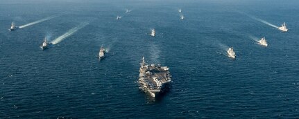 IMAGE: WATERS SURROUNDING THE KOREAN PENINSULA - Ships assigned to the John C. Stennis Carrier Strike Group and ships assigned to the Republic of Korea Navy, 1st Fleet Maritime Battle Group One, are underway in formation during a Maritime Counter Special Operations Force exercise. The Navy is refocusing efforts to develop and deploy new electromagnetic maneuver warfare technologies for integration in the Fleet and its carrier strike groups, the Naval Surface Warfare Center Dahlgren Division announced, Nov. 1, 2017.  (U.S. Navy photo by Mass Communication Specialist 3rd Class Andre T. Richard/Released)