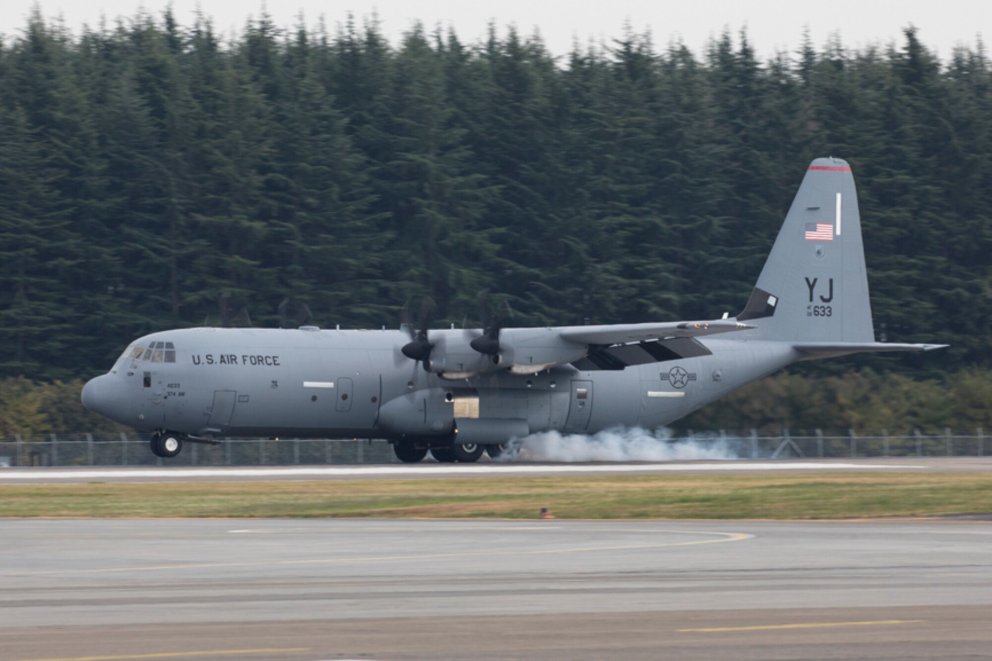 An Air Force C-130J Super Hercules touches down at Yokota Air Base, Japan, Nov. 1, 2017