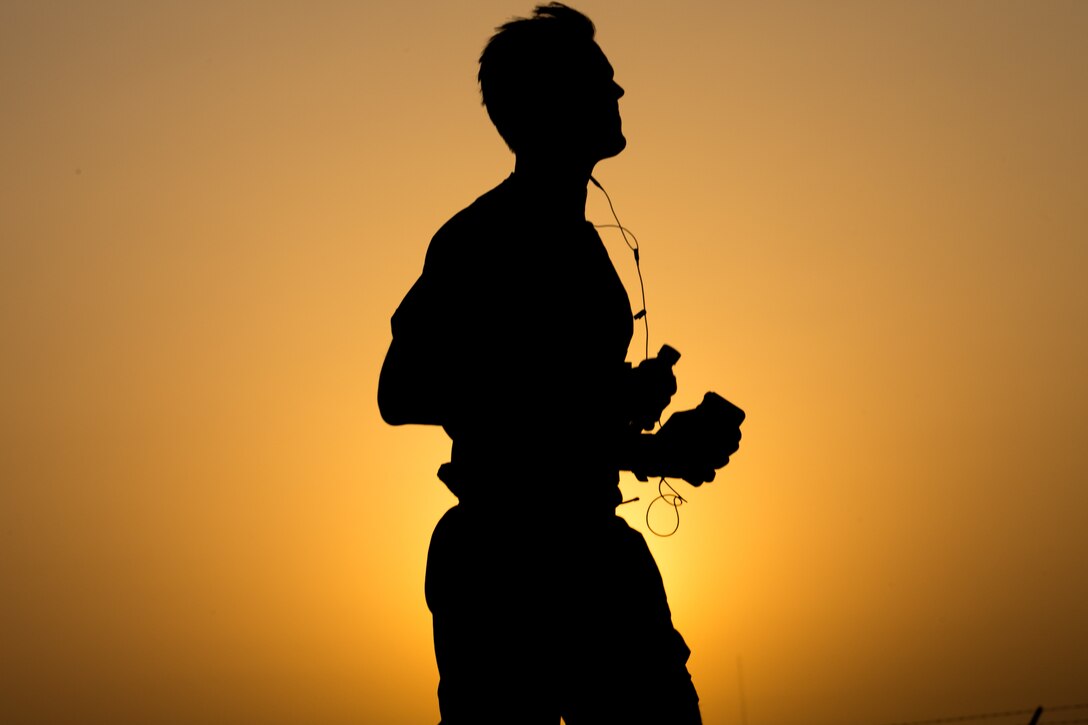A service member running the 42nd Marine Corps Marathon Forward approaches the 10-mile mark of the 26.2-mile race while deployed in the Middle East Oct. 22, 2017. The Marine Corps Marathon Forward gave Marines deployed with Special Purpose Marine Air-Ground Task Force – Crisis Response – Central Command the opportunity to run the ‘Peoples Marathon’ while far from home. The Marine Corps Marathon is one of the largest marathons in the world and hosts the event in forward locations to allow service members outside the United States an opportunity to compete.