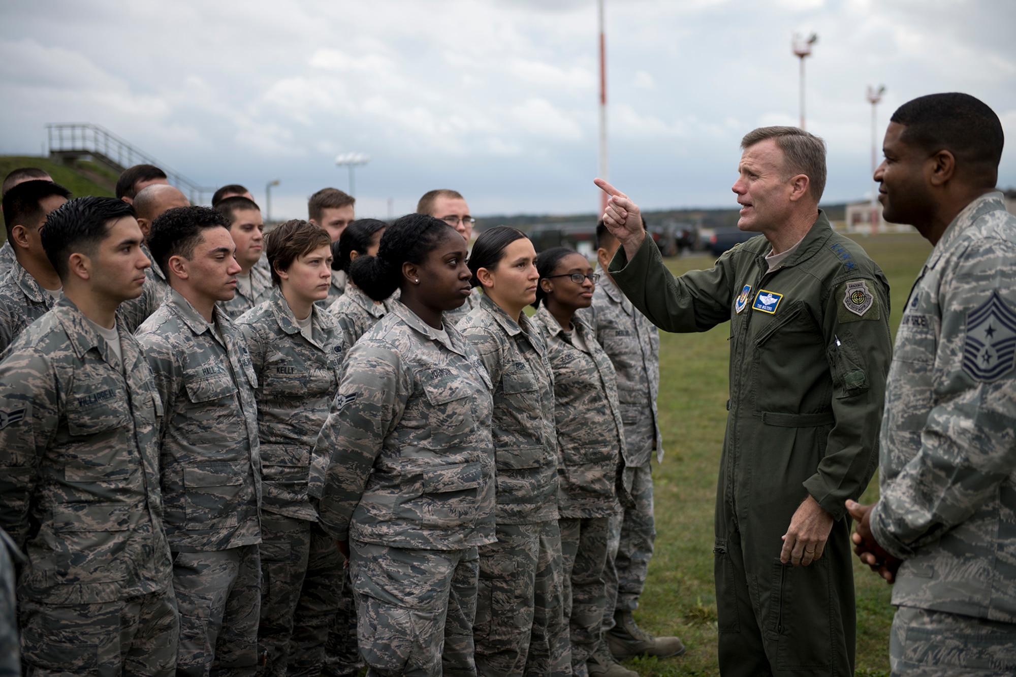U.S. Air Force Gen. Tod D. Wolters, U.S. Air Forces in Europe and Air Forces Africa commander, speaks to Airmen assigned to the 86th Logistics Readiness Squadron Fuels Management Flight on Ramstein Air Base, Germany, Oct. 23, 2017. Wolters met with the Airmen to get a better understanding of what they do in support of the mission here and to thank them for their hard work. (U.S. Air Force photo by Senior Airman Devin Boyer)