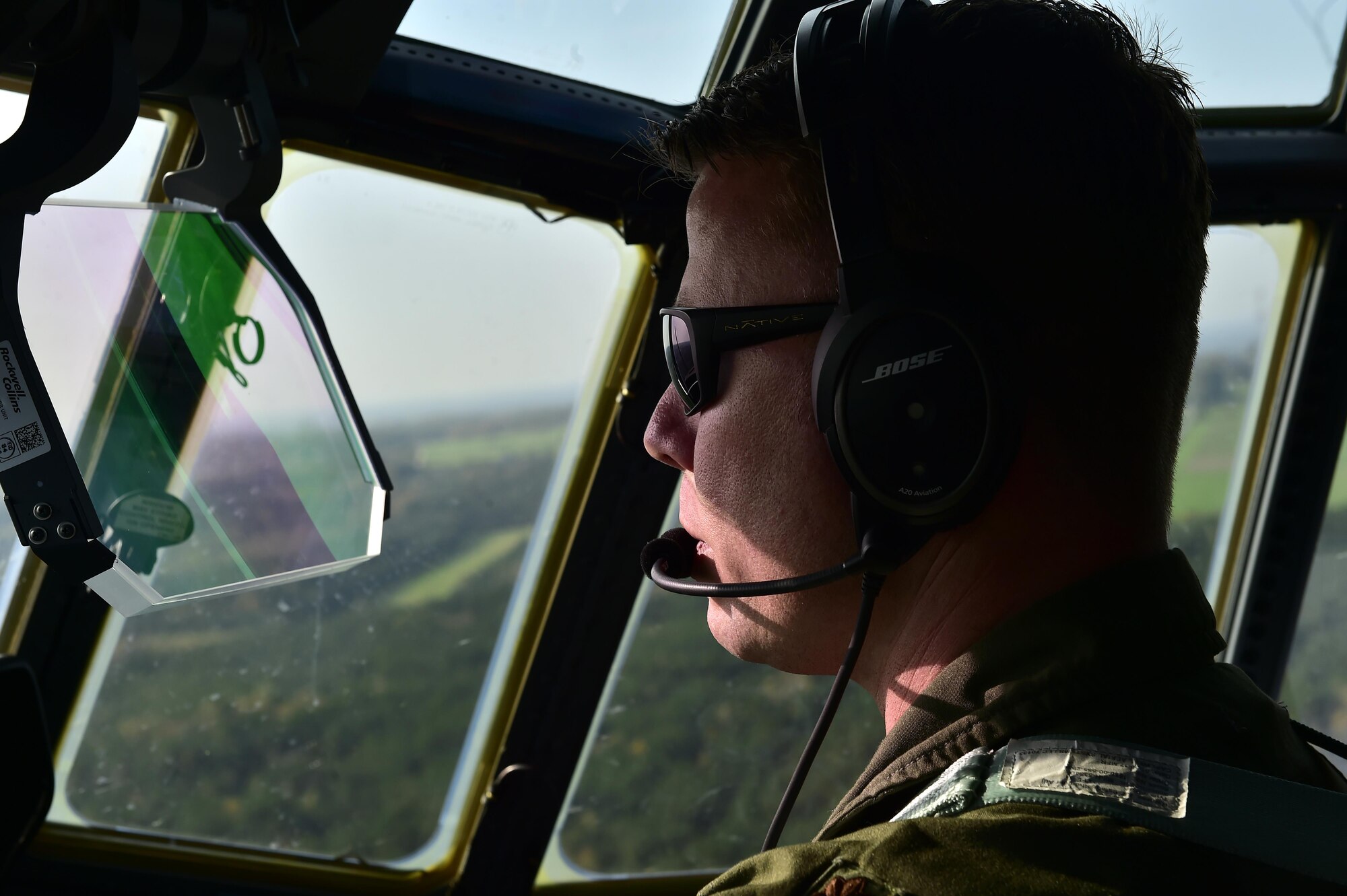 U.S. Air Force Maj. Jason Robinson, 37th Airlift Squadron director of operations, flies a C-130J Super Hercules over Poland during Operation Atlantic Resolve, Oct. 17, 2017. Robinson trained two 37th AS pilots on the techniques and tactics during Air Interdiction Training against Polish Air Force MiG-29s. (U.S. Air Force photo by Staff Sgt. Jonathan Bass)