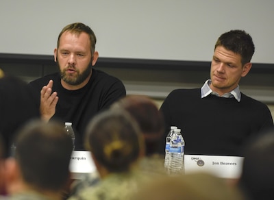 Iraq War veteran Eric Bourquin, left, talks about being part of The Long Road Home, a TV miniseries based on the Black Sunday ambush in Sadr City where he and other 1st Cavalry Division Soldiers fought in, during a panel discussion at the Defense Information School on Fort Meade, Md., Oct. 26, 2017. Bourquin and fellow veteran Aaron Fowler served as production consultants for the show. (Photo Credit: U.S. Army photo by Staff Sgt. Michael ONeal)