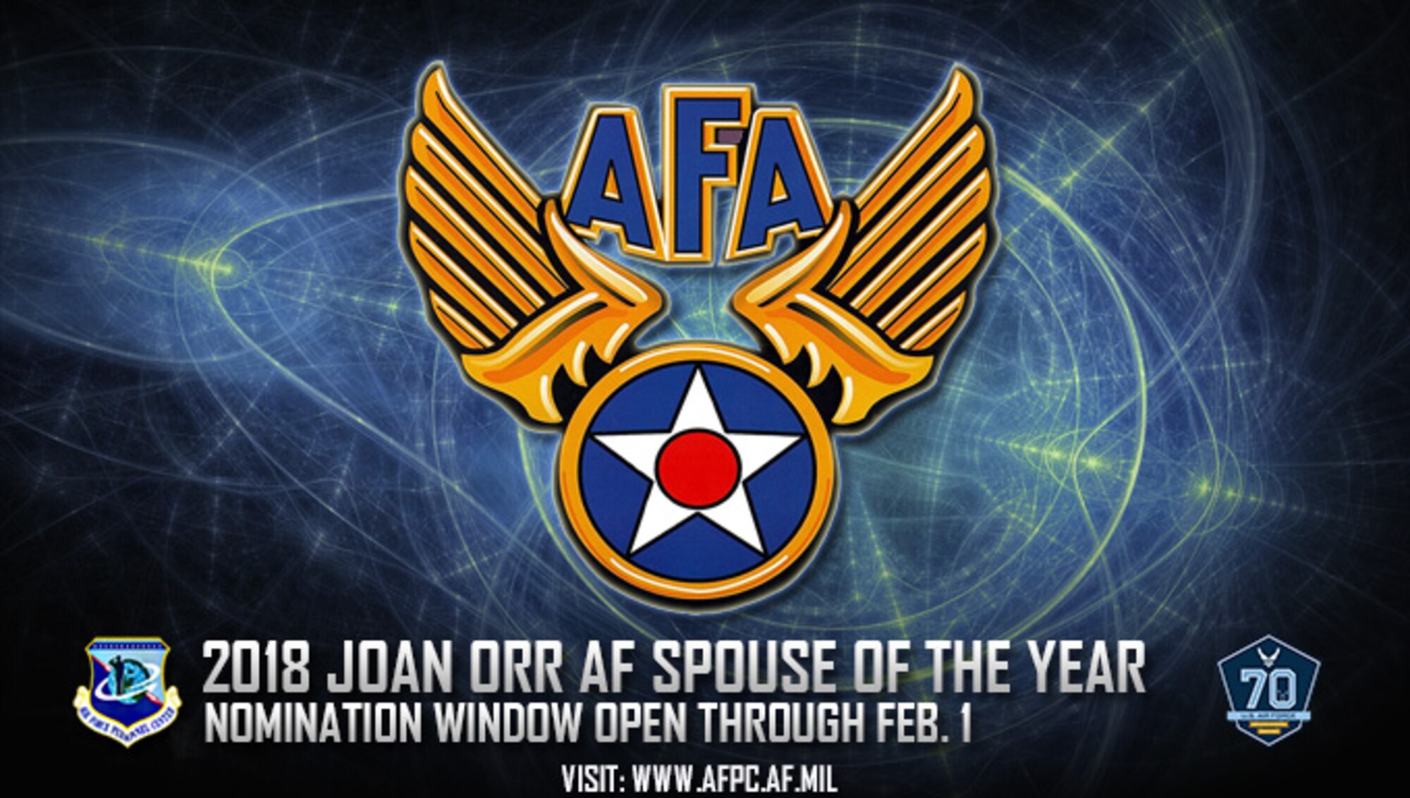 Air Force officials are currently accepting nominations for the Joan Orr Air Force Spouse of the Year Award through Feb. 1, 2018. This award honors significant contributions made by non-military spouses of Air Force military members. (U.S. Air Force graphic)
