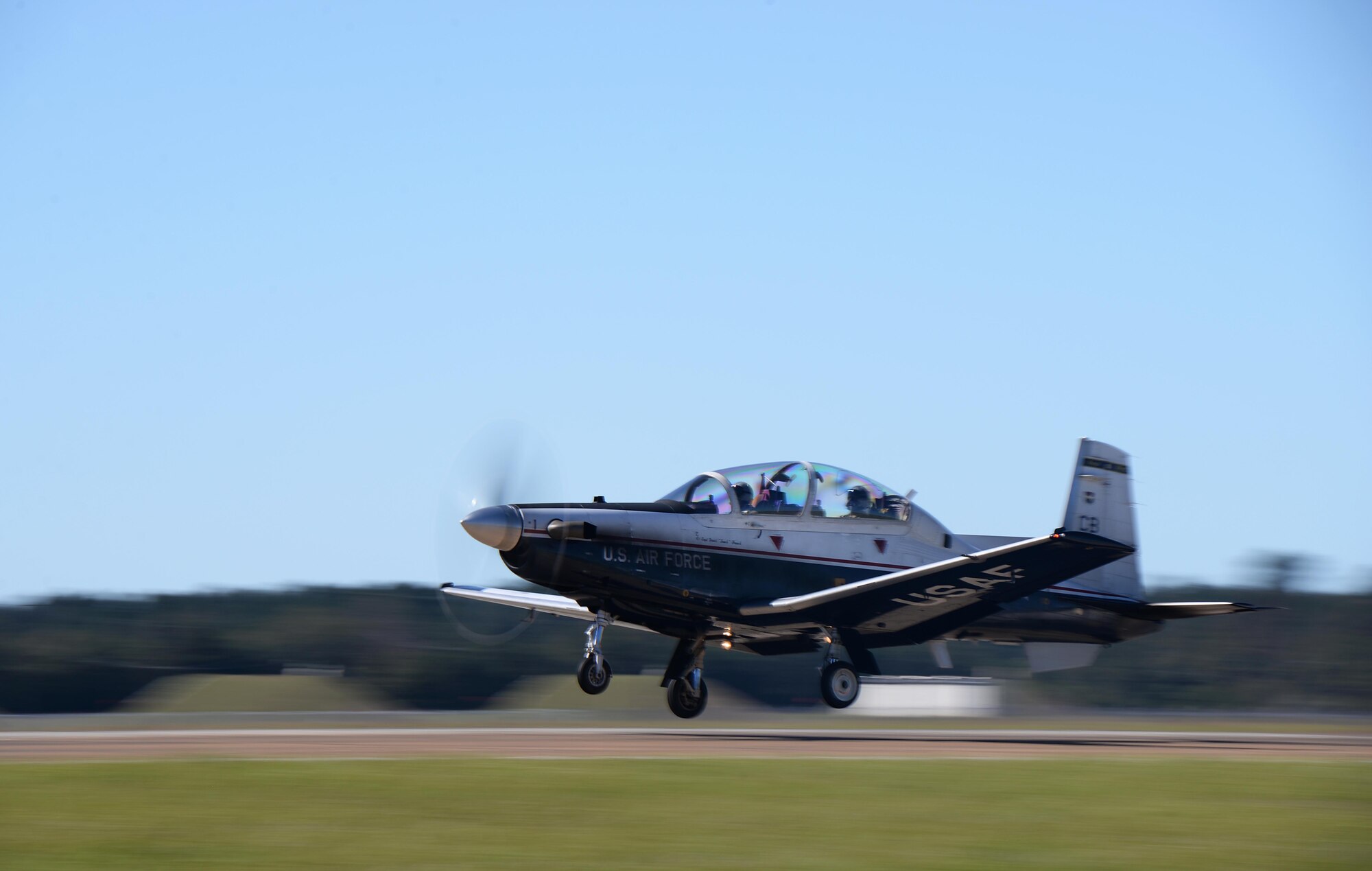 A T-6A Texan II prepares to land during the turkey shoot event Oct. 26, 2017, on Columbus Air Force Base, Mississippi. Competitors performed tasks during their flight and had their landings evaluated to test their aviation abilities in the T-6, the T-1A Jayhawk and the T-38 Talon. (U.S. Air Force photo by Airman 1st Class Keith Holcomb)