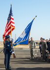 The honor guard present the Colors during a ceremony honoring OSI agent David Wieger during at Travis Air Force Base, Calif., Nov. 1, 2017. Wieger was killed in 2007 when an improvised explosive device struck his vehicle during his deployment in support of Operation Iraqi Freedom. The Office of Special Investigation, 12th Field Investigation Squadron, unveiled the renaming of their building to the fallen OSI agent. Wieger was stationed at Travis at the time and was posthumously awarded the Bronze Star, Purple Heart, AF Commendation Medal, and AF Combat Action Medal. (U.S. Air Force photo by Louis Briscese)