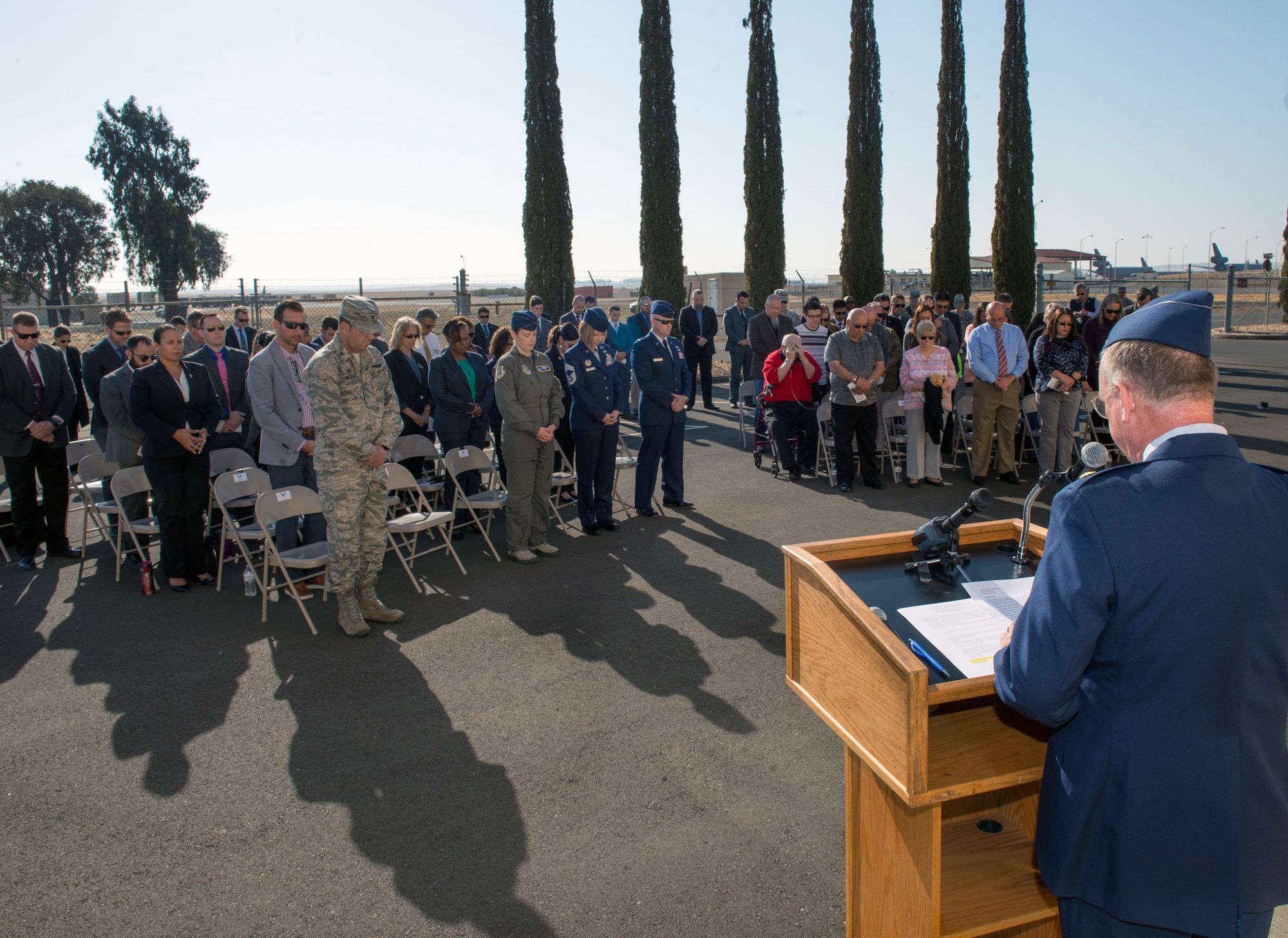 A chaplain provides remarks during a ceremony honoring OSI agent David Wieger during at Travis Air Force Base, Calif., Nov. 1, 2017. Wieger was killed in 2007 when an improvised explosive device struck his vehicle during his deployment in support of Operation Iraqi Freedom. The Office of Special Investigation, 12th Field Investigation Squadron, unveiled the renaming of their building to the fallen OSI agent. Wieger was stationed at Travis at the time and was posthumously awarded the Bronze Star, Purple Heart, AF Commendation Medal, and AF Combat Action Medal. (U.S. Air Force photo by Louis Briscese)