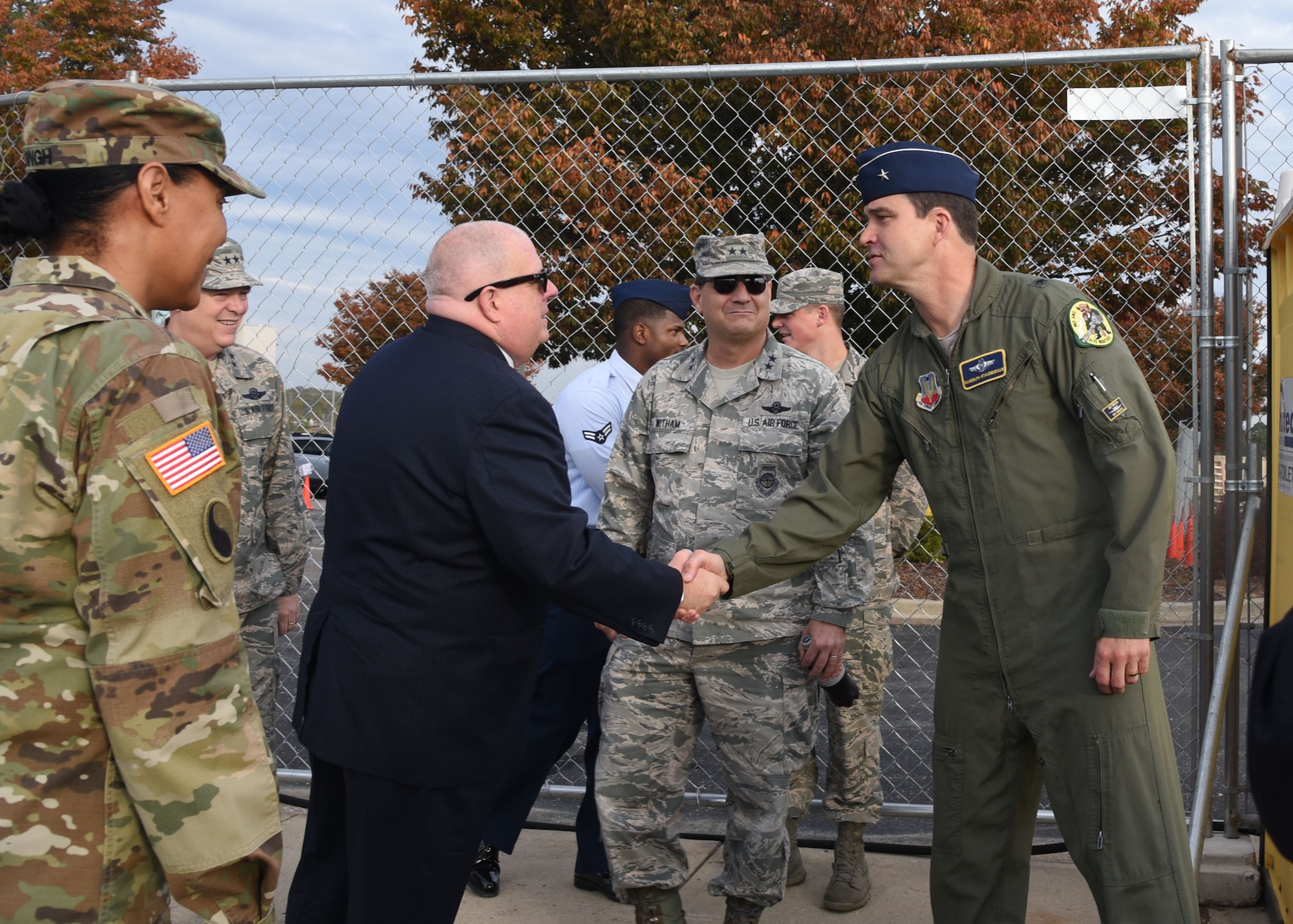 Gen. Randolph Staudenraus welcomes Maryland Gov. Larry Hogan to the 175th Cyberspace Operations Squadron groundbreaking ceremony Nov. 2, 2017 at Fort George G. Meade, Maryland. Hogan was the keynote speaker at the even that marked the initial construction of the structure that will provide closer integration between the ANG and US Cyber Command. (U.S. Air National Guard photo by Senior Airman Enjoli Saunders)