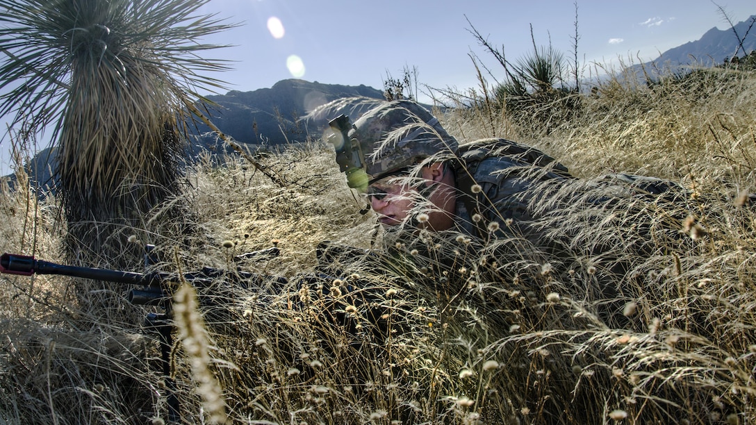 A soldier lays in tall grass.